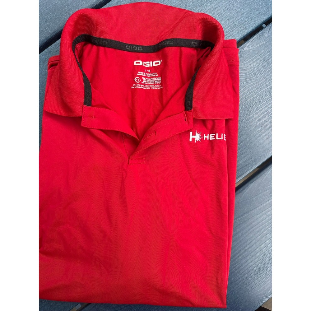 OGIO Mens Red Short Sleeve Polo Shirt Recycled Stretch Golf Top Large HELIE Logo